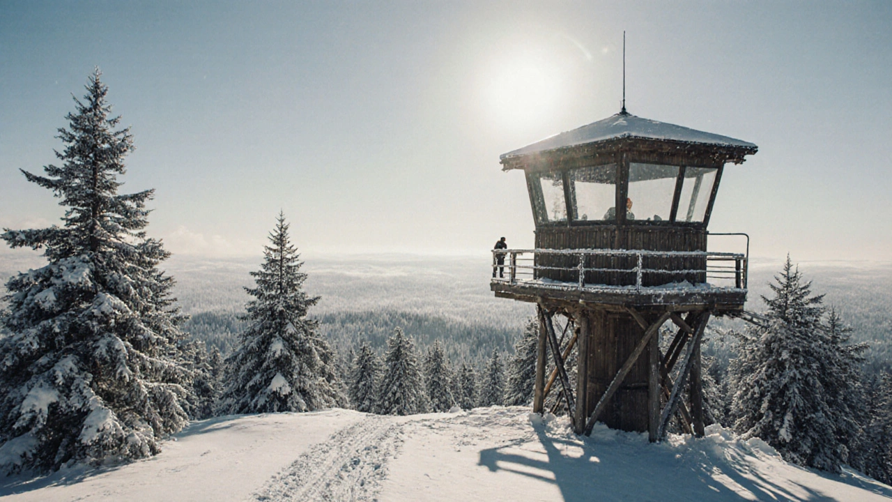 Dřevěná věž na Šeráku v zimě obklopená sněhem a pokrytá mrazem, s lyžařskými stopami.