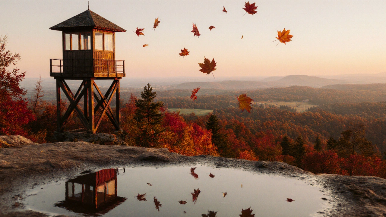 Panoramic pohled z vrcholu Šeráku na zlatý podzimní les při západu slunce.