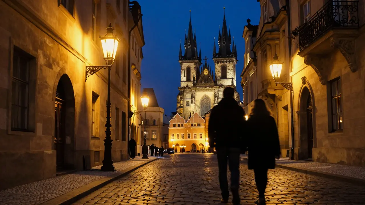 Silueta páru procházející pražskými ulicemi v noci